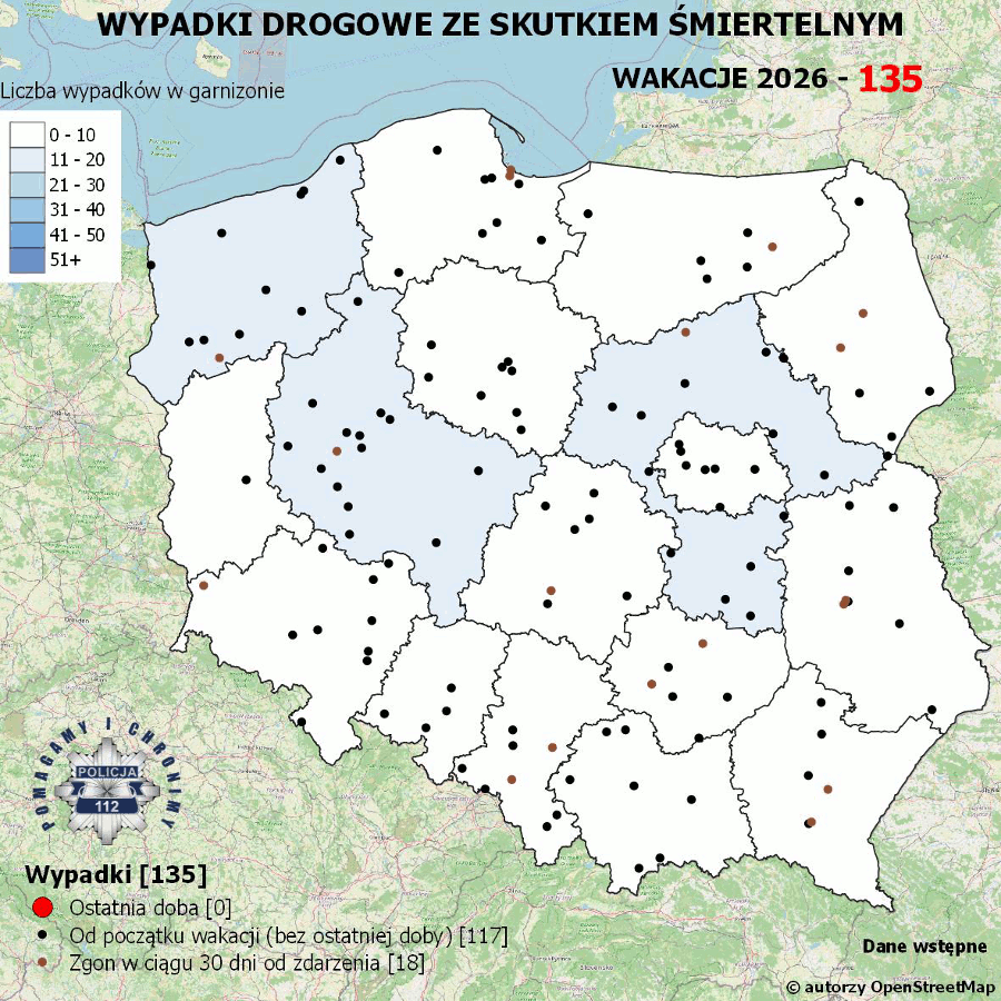 Mapa prezentująca liczbę wypadków poprzedniej doby w Polsce. Prezentowane dane są dostępne w tekście poniżej.