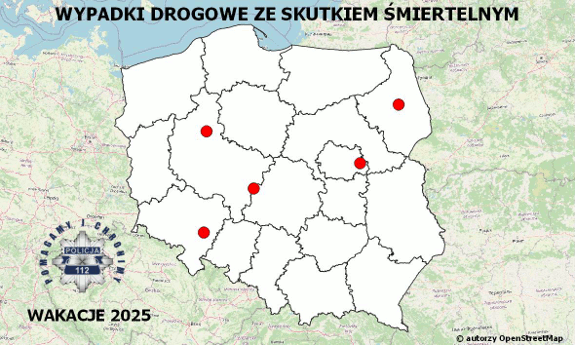Policyjna mapa wypadków drogowych ze skutkiem śmiertelnym – Wakacje 2025