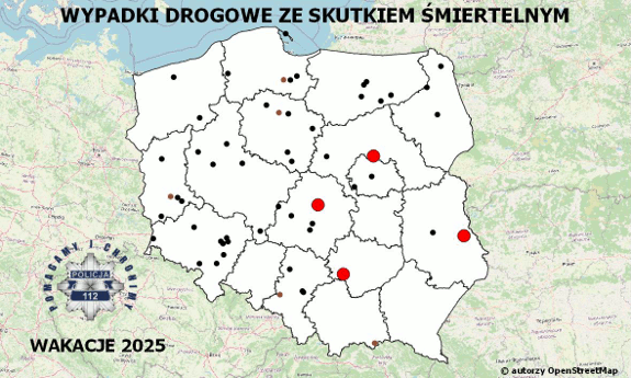 Policyjna mapa wypadków drogowych ze skutkiem śmiertelnym – Wakacje 2025