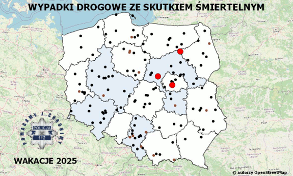 Policyjna mapa wypadków drogowych ze skutkiem śmiertelnym – Wakacje 2025