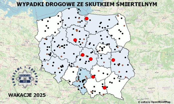 Policyjna mapa wypadków drogowych ze skutkiem śmiertelnym – Wakacje 2025