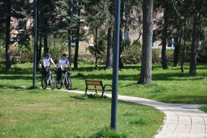 zdjęcie kolorowe, dwaj policjanci w patrolu rowerowym  jadą alejką w parku