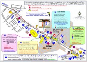 Mapa pokazująca zmianę organizacji ruchu w rejonach nekropolii w Zielonej Górze