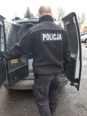 Policjant z radiowozem policyjnym