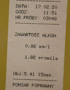 Wydruk z alkomatu który wykazało 1,86 promila