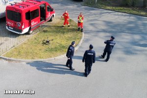 Policjanci wraz ze strażakami.