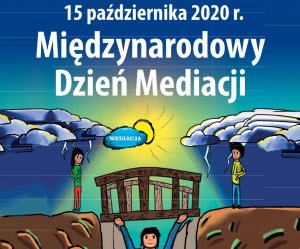 Rysunkowe przypomnienie o 15 października dzień mediacji - dwóch chłopców stoi naprzeciwko siebie a trzeci próbuje ich połączyć za pomocą mostu