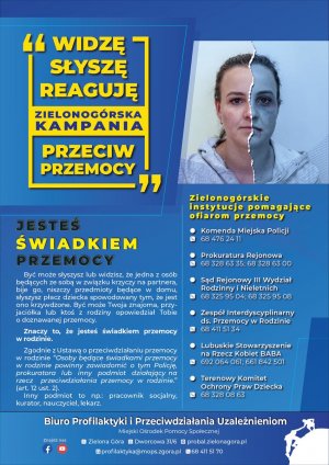 Plakat promujący postawę społeczną - widzę, słyszę, reaguje.