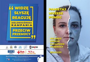 Plakat promujący postawę społeczną - widzę, słyszę, reaguje.