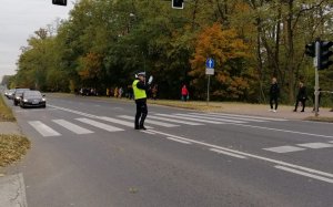 Policjant Ruchu Drogowego kieruje ruchem na przejściu dla pieszych