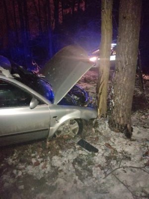 Roztrzaskany samochód na drzewie.