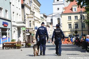 Policjanci z psem policyjnym na deptaku w Zielonej Górze.