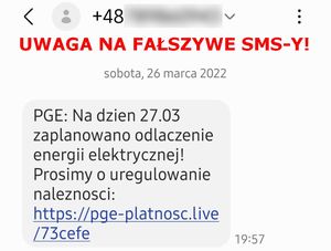 Sms z prośbą o uregulowanie płatności i z linkiem do płatności, Na samej górze czerwony napis UWAGA NA FAŁSZYWE SMS-Y