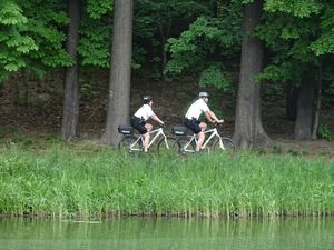 Policjanci na rowerach patrolują park