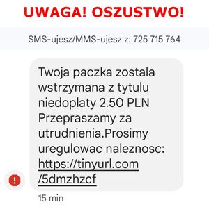 Przykładowe zdjęcie fałszywego smsa od wyłudzaczy.