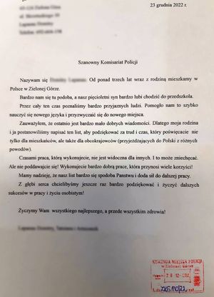 List z podziękowaniami od rodziny obcokrajowców.