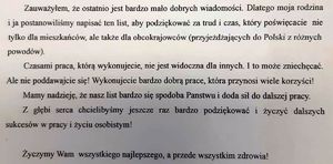 Część listu z podziękowaniami dla policjantów.