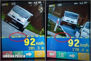 Dwa zdjęcia z policyjnego miernika prędkości z dnia 23 i 24 marca pokazujące tego samego busa  które w oba dni  jedzie z prędkością 92 kilometrów na godzinę