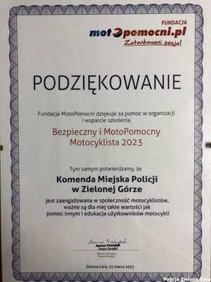 Podziękowania dla Komendy Miejskiej Policji w Zielonej Górze za pomoc w organizacji i wsparcie szkolenia