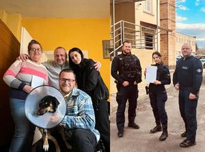 Ranny pies razem ze swoją rodziną i Policjanci którzy zorganizowali zbiórkę