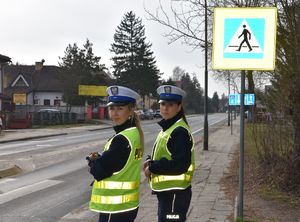 Policjanci kontrolujący przejście dla pieszych.