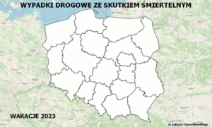 Mapa Polski podzielona na województwa. Zdjęcie mapy ukazuje wypadki drogowe ze skutkiem śmiertelnym.