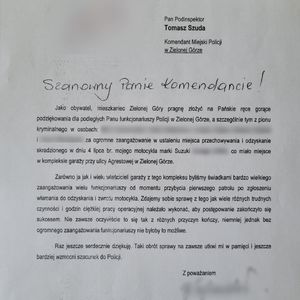 Zdjęcie listu z podziękowaniami dla Komendanta Miejskiego Policji w Zielonej Górze.