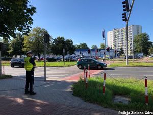 Funkcjonariusz policji stojący obok pasów dla pieszych.