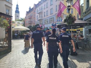 grupa polsko-niemieckich policjantów patroluje winobranie.