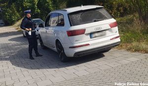 Policjantka Ruchu Drogowego kontroluje kierowcę zatrzymanego audi