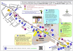 Mapa ukazująca organizacje ruchu w okolicach cmentarza komunalnego przy ulicy Wrocławskiej w Zielonej Górze w okresie dnia Wszystkich Świętych  od dnia dwudziestego ósmego października do trzeciego listopada dwa tysiące dwudziestego trzeciego roku