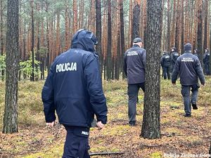 Policjant i funkcjonariusze służby więziennej przeczesują las