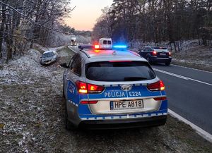 Policyjny radiowóz, w oddali seat w rowie i jadące samochody drogą