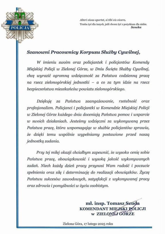 Życzenia Komendanta Miejskiego Policji w Zielonej Górze z okazji Święta Służby Cywilnej